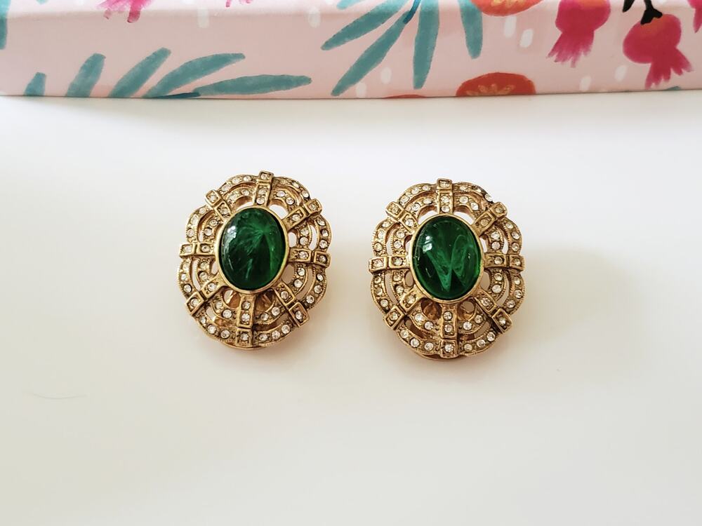 Vintage Green and Gold Tone Crystal Clip On Earrings